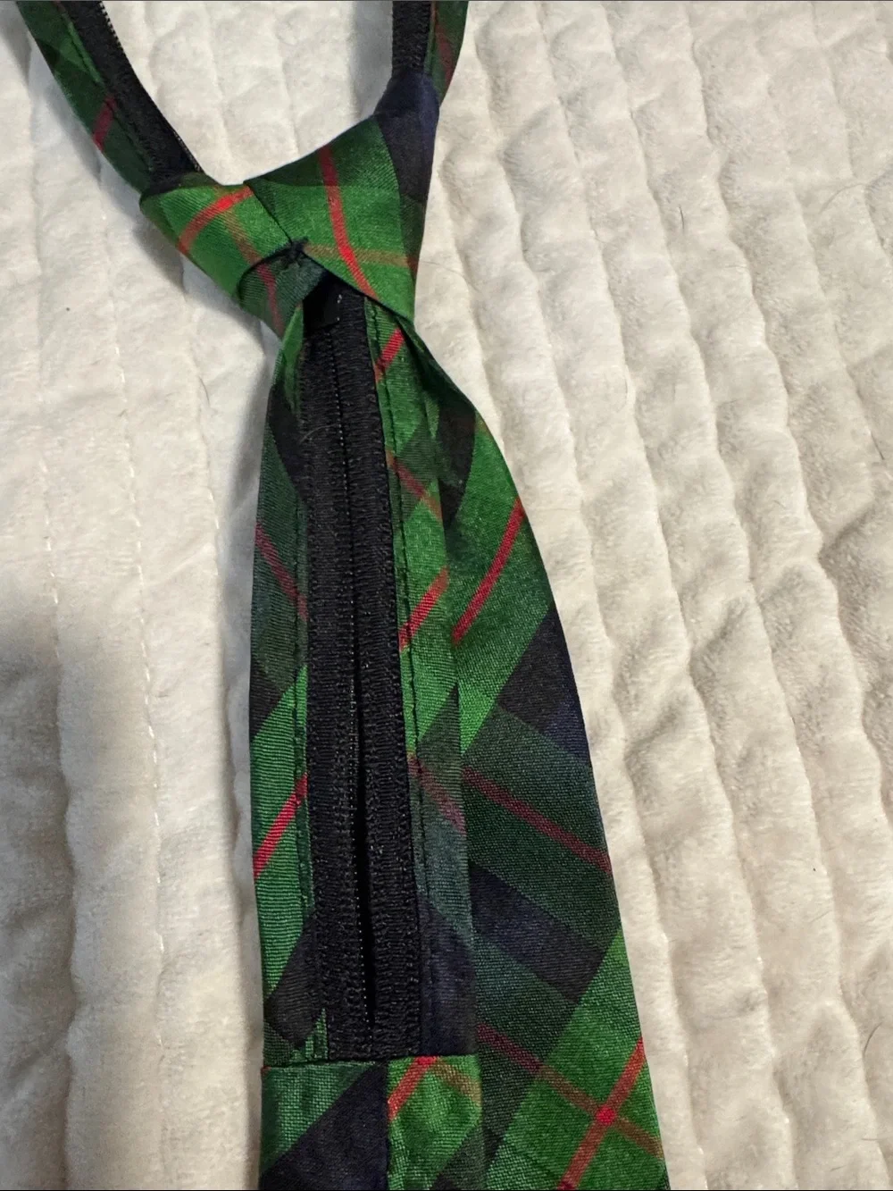 Hartstrings Green and Navy Plaid Kids Silk zip Tie with Red Accents